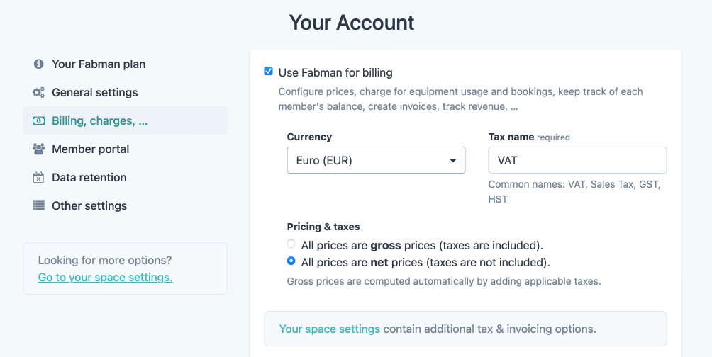 Select net or gross prices and configure the tax name.