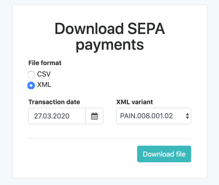 Download a SEPA Direct Debit transaction file in a format of your choice.