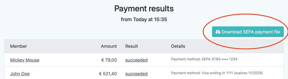 Download a SEPA Direct Debit transaction file for all payments.