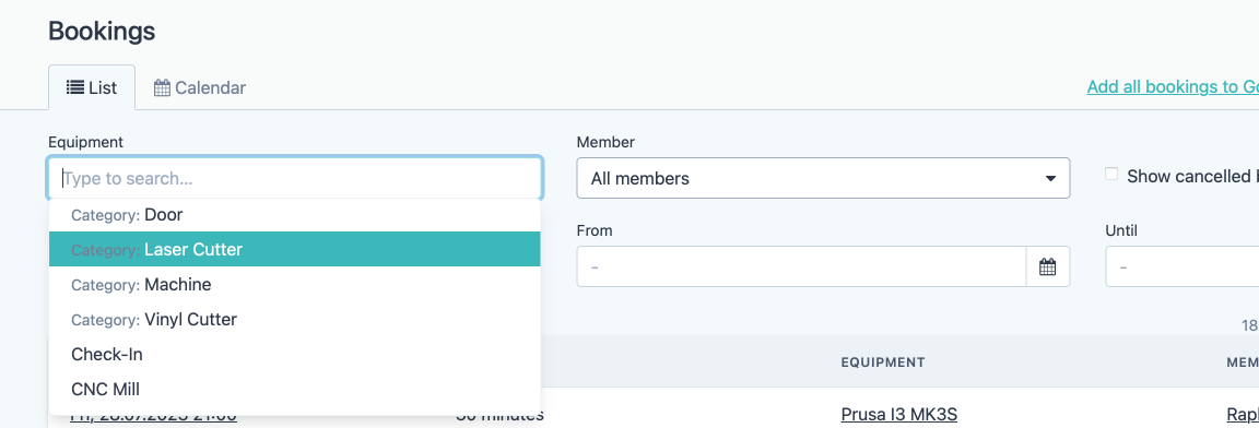 Filter bookings and activities by equipment category or equipment