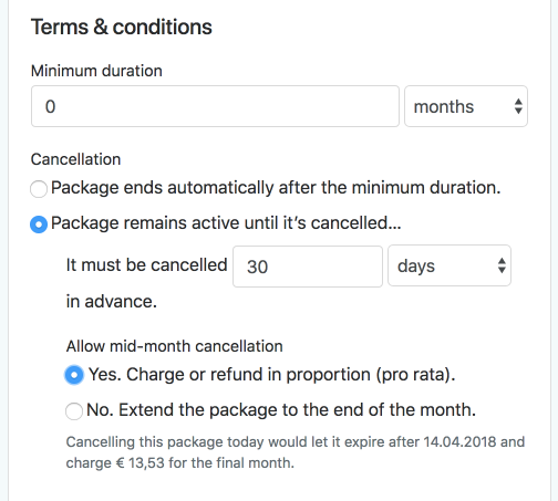 Flexible package terms and cancellation rules